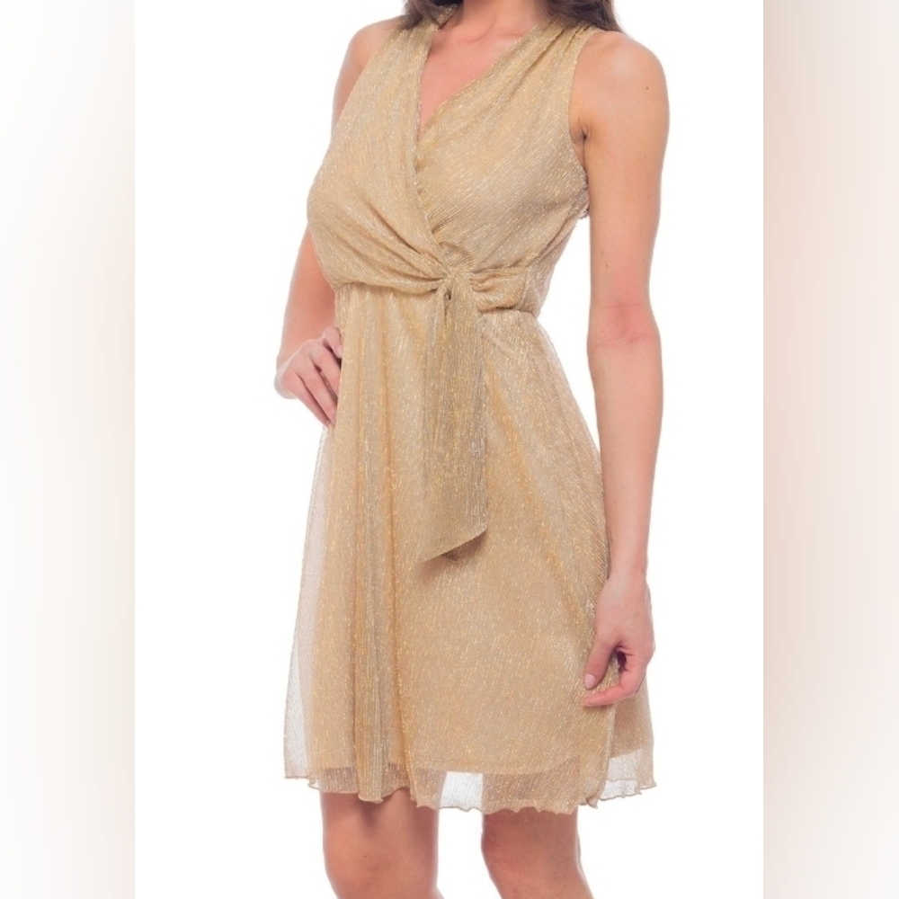 Tash + Sophie Womens Sz M Gold Metallic Plisse Faux Wrap Sleeveless Dress